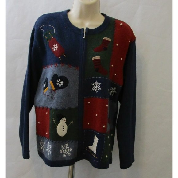 Christmas Full Zip Sweater Sz Large Snowman Snowflakes Croft & Barrow Colorblock - Picture 6 of 10